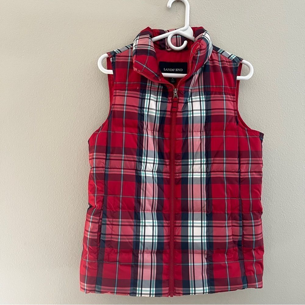 Lands' End Women's Red Plaid Puffer Vest Warm Down Feathers Casual Fall Winter S
